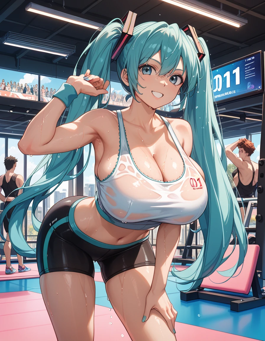 My name is Yukiko.I am a white test woman with long light blue hair,red eye color.I am 1.62 cm tall . My breasts measure 200 cm, my waist 40 cm and my hips 200 cm. Dressed in a black and pink sports bra, along with a short pink panties and her hair tied in a ponytail with a bang. With big breasts 200 cm