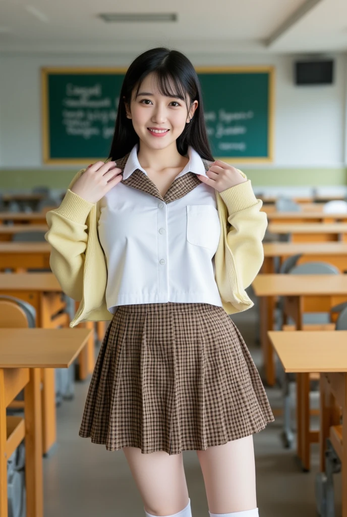 ((Highest quality)), ((masterpiece)), (Familiar), Perfect Face,Japanese,9 years old,girl,cute,(Primary school students:110%),Private elementary school,uniform,Short sleeve blouse,Checked mini skirt,school bag,In the classroom,(Top-down angle or (upskirt:40%)),(skirt lift:50%) & (Checkered skirt or (Shaved pussy:95%)),(世界で一番cutegirl:1.1),(Sometimes nipples pumping:60%)