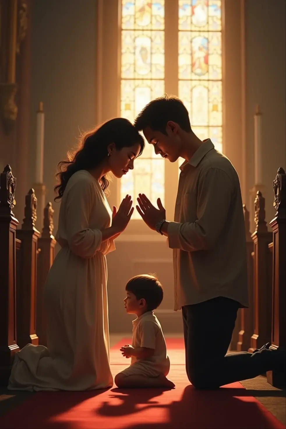 A Boy and flower girls, on his knees, with hands in prayer, with white and red clothing