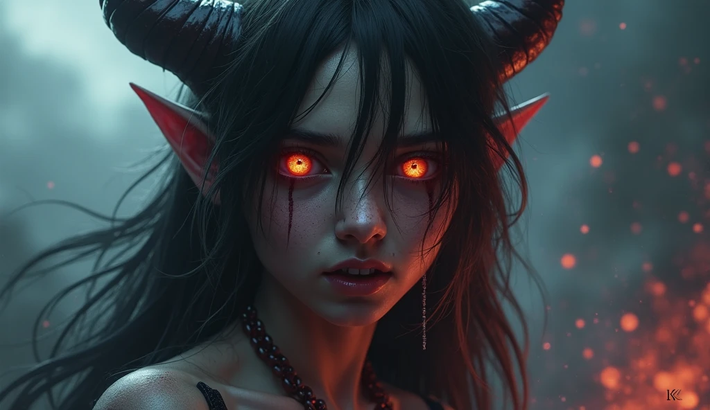 Masterpiece, Best Quality, High Quality,(Dark shapeless creature with dark red glow and red eyes and surrounded by darkness:1.2), (darkeness:1.2), Abstraction, Deep sea, Award-winning photography, Depth of field, HDR, Very detailed, Trend in art stations, trend in CGSociety, Complex, High detail,(Masterpiece:1.2, Best Quality), (best illumination, Very Delicate and Beautiful), (best illumination, very delicate and beautiful), (beautiful face detailed), (detailed eyes and detailed face:1.2), dark fantasy, (girl, little beast, 1girl, solo, Lying on the floor, pool of blood, crazy smile, pale skin gray hair, glowing red eyes, dynamic angle, vampire), get demons to be summoned, Magic thunder, pointy_ears, fangs, demon wings, demon horns, blood on face, blood rain, blood mist, (depth of field), high contrast, (blood splatter: 1.4), full body, , scream, sacrifice, Magnificent stage,
