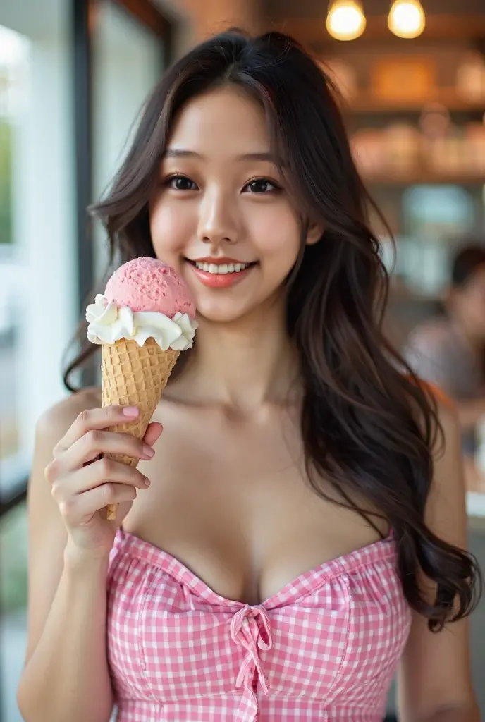Beautyfull 1girl, wearing sexy tshirt and short,((standing on street )),((eating icecream)),((icecream)),((holding icecream on one hand)),((big boobs)),(cleavage),(characters play),looking to camera, smiling, full body portrait, closeup camera view,(seductive poses),(perfect fingers),(perfect eyes) ,(perfectly holding icecream on 1hand),(icecream on mouth)