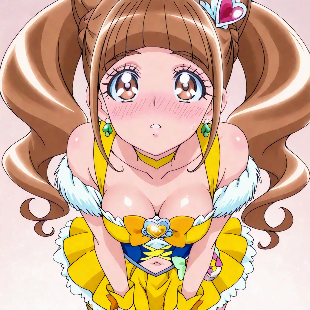 , アニメ, Petite little small junior body, Small breasts, Small breasts, Small breasts, topless, topless, topless, Nipples are visible, Nipples are visible, Nipples are visible, Large nipples, Pinching your own nipples, Stimulate the breasts, Breast milk, blowjob, blowjob, blowjob, cure muse \(yellow\), orange hair, blonde hair, brown hair, very long hair, pink eyes, purple eyes, red eyes, eyebrows visible through hair, eyelashes, yellow dress, capelet, long sleeves, wrist cuffs, bubble skirt, yellow skirt, layered skirt, frilled skirt, yellow choker, yellow neckwear, brooch, hair ribbon, hair bow, yellow ribbon, yellow bow, circlet, tiara, heart hair ornament, earrings, high heels, knee boots, yellow footwear, Orange Hair, Orange Hair, Orange Hair, Petite little small junior body, Embarrassed, Small breasts, Small breasts, Small breasts, topless, topless, topless, Nipples are visible, Nipples are visible, Nipples are visible, Large nipples, Pinching your own nipples, Stimulate the breasts, Breast milk, Pinch and stretch the breasts, Pinch and stretch the breasts, Pinch and stretch the breasts, blowjob, blowjob, blowjob, Semen-covered face, Semen-covered face, Semen-covered face, closeupface, little small junior body, tiny, high quality, high detail, beautiful, 8k, Overall detailed, Close-up, Look Down, Look Down, Look Down, I can see your face, I can see your face, I can see your face, cure muse \(yellow\),