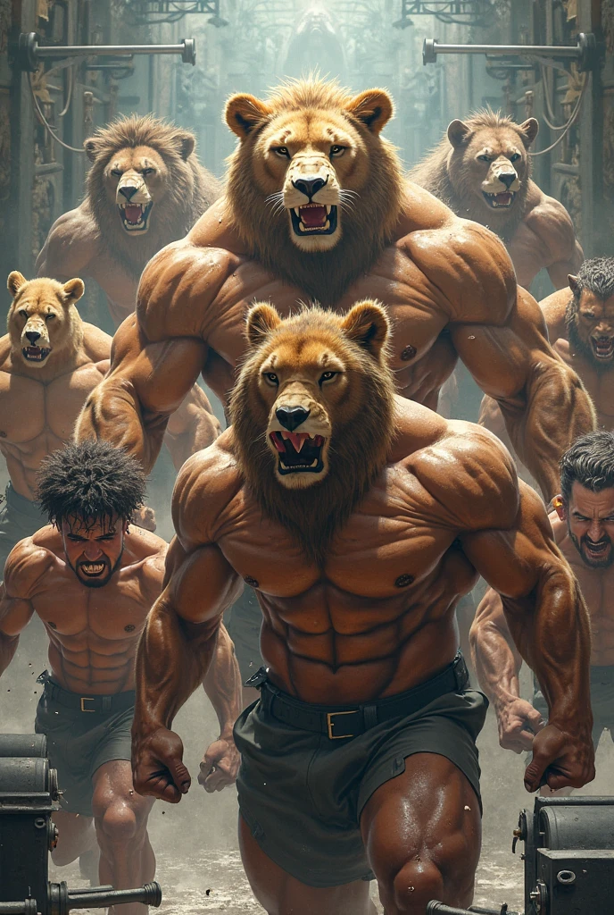 a lion, gorilla, tiger, elephant and a hours who are a budybuilders