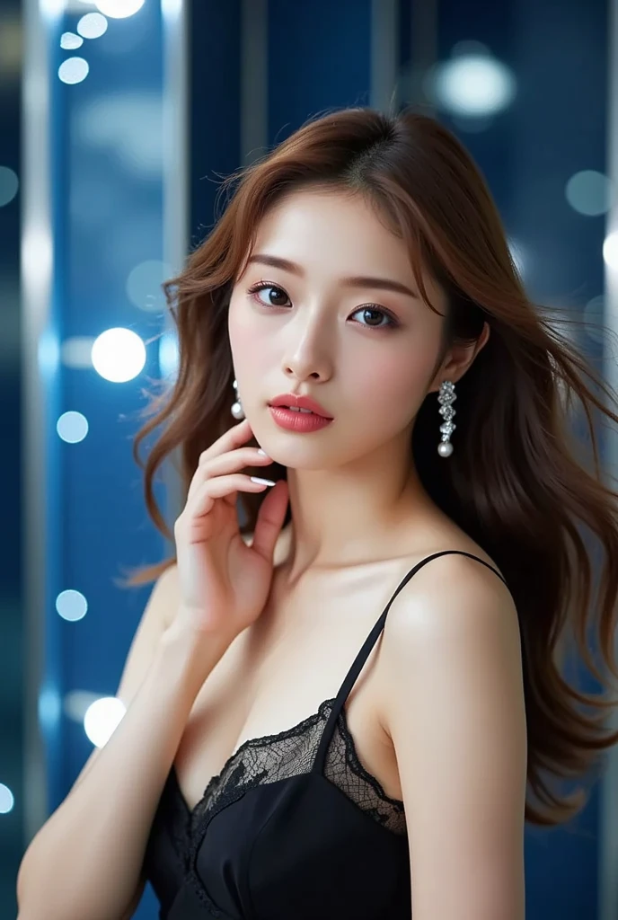 top-quality, masutepiece, Ultra High Resolution, (Photorealistic:1.4), Raw photo, 32K Portrait, Extremely detailed, Cowboy Shot, 1girl in, The most famous Japan actresses,wearing only a dark red evening dress, Innocent smile, Looking at Viewer, Extremely beautiful face, amazingly beautiful big black eyes, Very beautiful hair, Very beautiful lips, Very beautiful skin, Very beautiful breasts, Amazingly beautiful cleavage, Very beautiful body, Very beautiful shoulders, Very beautiful arms, Perfect five fingers, Detailed face, Detailed eyes, detailed hairs, Detailed lips, detailed skins, Detailed body, detailed arms, Detailed Five Fingers, Detailed evening dresses、