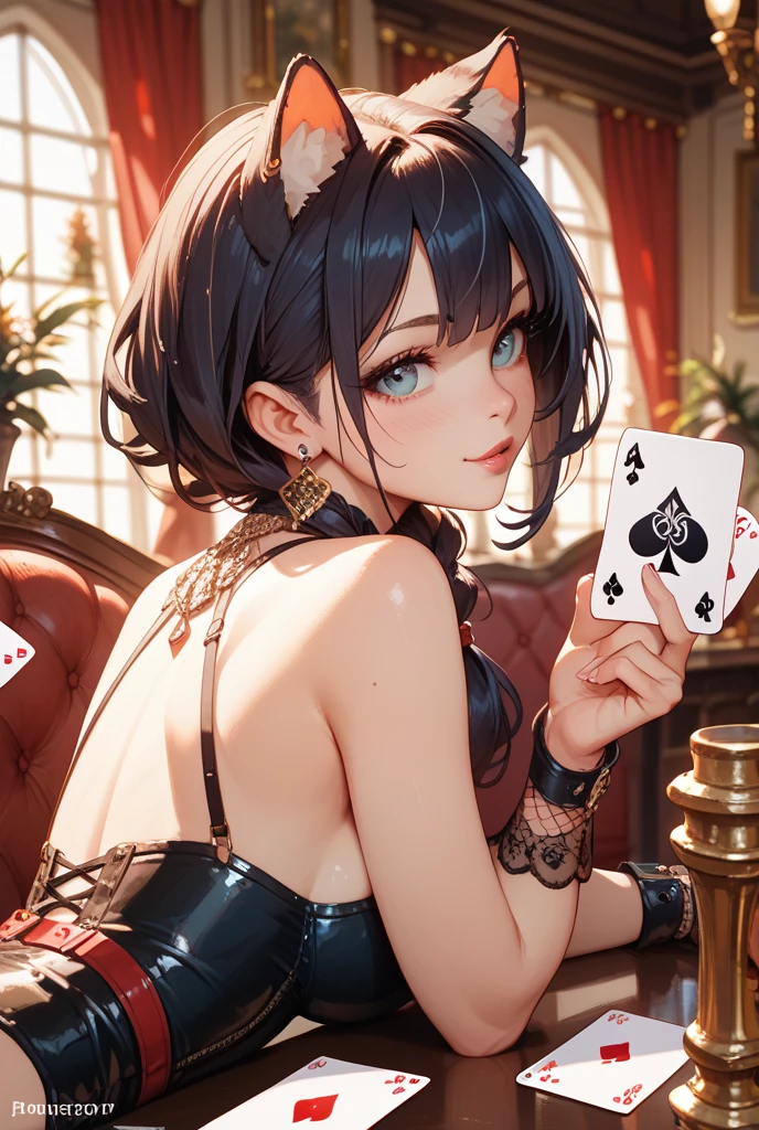 beautiful girl queen jester, halft black white hair, Eye pupils in the shape of love, jester dress, jester crown, card magic aura around her, clover and love card particles are red, red aura is blue like water, HD lighting and dark )<=(epic image quality)dark atmosphere with bright particle light(many effects in background