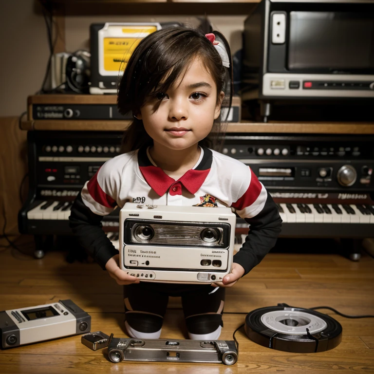 Oil painting of a 5 year old Thai girl with a very cute face. He bent down and put his ear next to the speaker of an old transistor radio. Waiting closely to hear the lottery results. realistic house scenery background