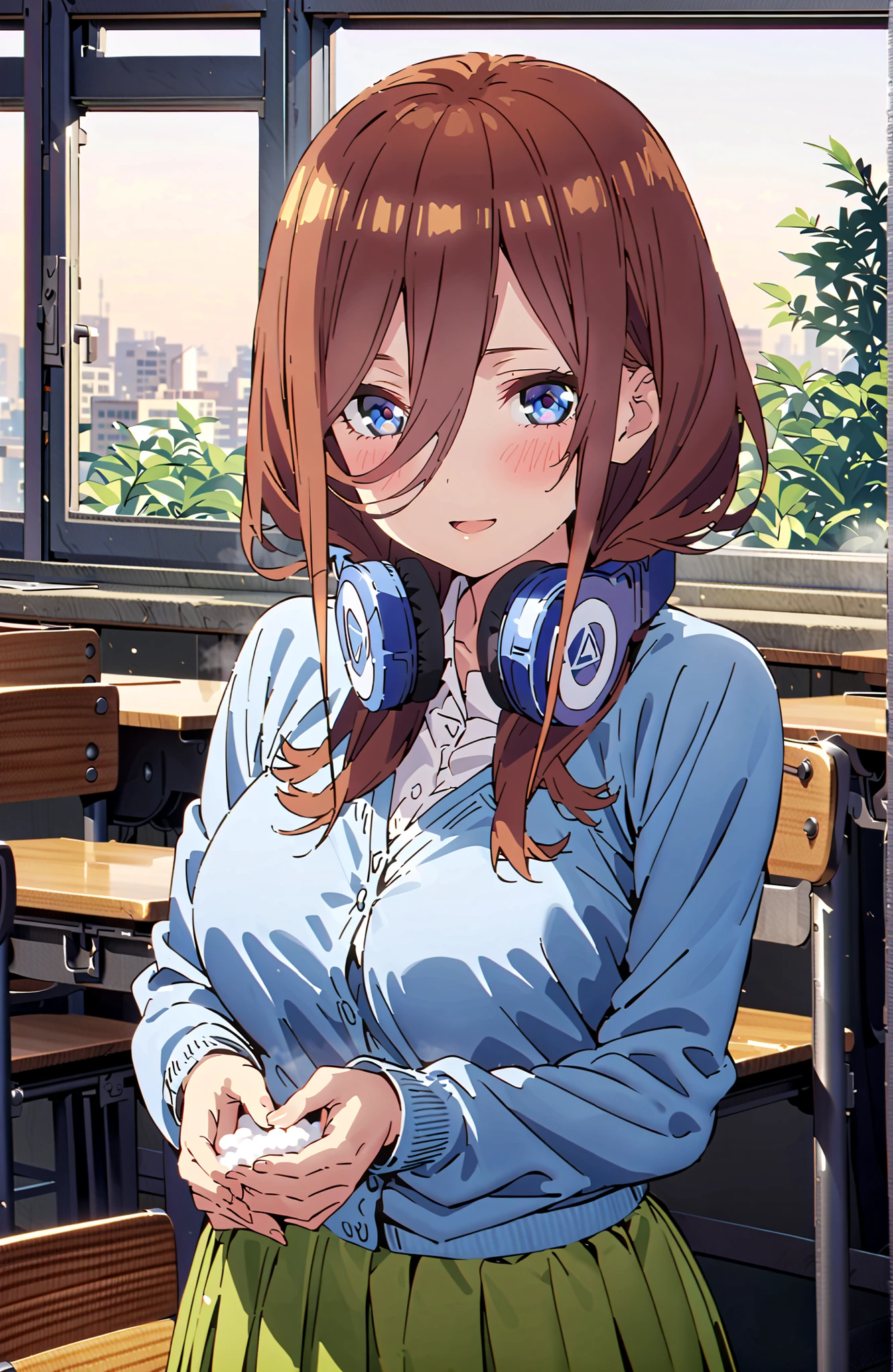 score_9, score_8_up, score_7_up, source_anime, Nakano Miku, long hair,solo, bungs, blue eyes, brown hair, hair between eyes, headphones, headphones around neck,smile,blush,open your mouth,Big Breasts,
in their 40s skirt, shirt, long sleeve, white shirt, pleated skirt, black pantyhose, Green Skirt, blue cardigan,standing,Holding a blue bouquet with both hands,curtains,window,machine,chairs, Flower blowing snow,
in their 40s indoors, Classroom,
in their 40s looking at viewer, full body,
in their 40s (masterpiece:1.2), Highest Quality, high resolution, Unity 8k Wallpaper, (Illustrations:0.8), (beautifully detailed eyes:1.6), very detailed face, perfect lighting, very detailed CG, (perfect hand in h, perfect anatomy),