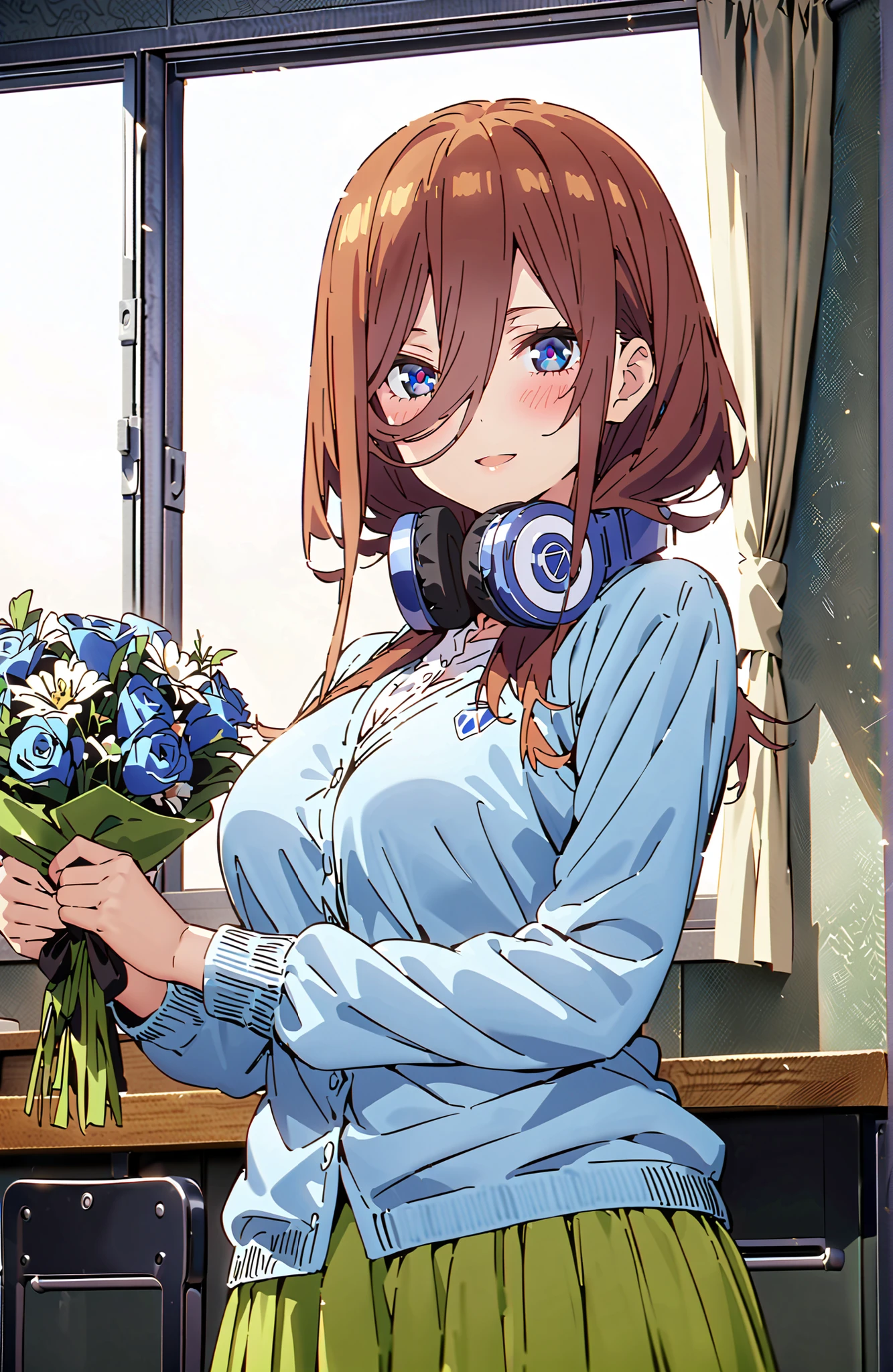 score_9, score_8_up, score_7_up, source_anime, Nakano Miku, long hair,solo, bungs, blue eyes, brown hair, hair between eyes, headphones, headphones around neck,smile,blush,open your mouth,Big Breasts,
in their 40s skirt, shirt, long sleeve, white shirt, pleated skirt, black pantyhose, Green Skirt, blue cardigan,standing,Holding a blue bouquet with both hands,curtains,window,machine,chairs, Flower blowing snow,
in their 40s indoors, Classroom,
in their 40s looking at viewer, full body,
in their 40s (masterpiece:1.2), Highest Quality, high resolution, Unity 8k Wallpaper, (Illustrations:0.8), (beautifully detailed eyes:1.6), very detailed face, perfect lighting, very detailed CG, (perfect hand in h, perfect anatomy),
