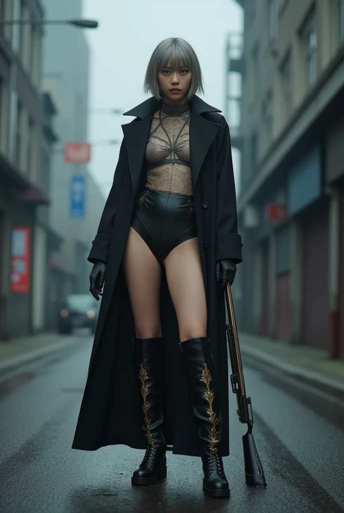 cinematic photography of a skinny beautiful Korea sensual actress Bae Doona standing sexy in a futuristic dark glass wall room with wearing a very very open leopard coat and pointing a pistol, ((Bae Doona realistic face)), ((very beautiful face)), ((wearing a red sunglasses)), ((pointing a pistol)), ((very skinny body)), ((wearing a very very open leopard coat)), ((showing her big breast)), ((showing her pointy pink nipples)), ((no pant, no underwear, no panty)), ((showing her hairy vagina)), very sexy standing pose, background is a futuristic dark glass wall building, in style of kar wai wong, cyberpunk angry gorgeous goddess, reminiscent of blade runner, cyberpunk 2 0 y. o model girl, shot on canon eos r 5, shot on canon eos r5, inspired by Helmut Newton, beautiful cyberpunk woman model, shot on leica sl2, in cyberpunk style, cinematic lighting, sharp focus, best quality, masterpiece