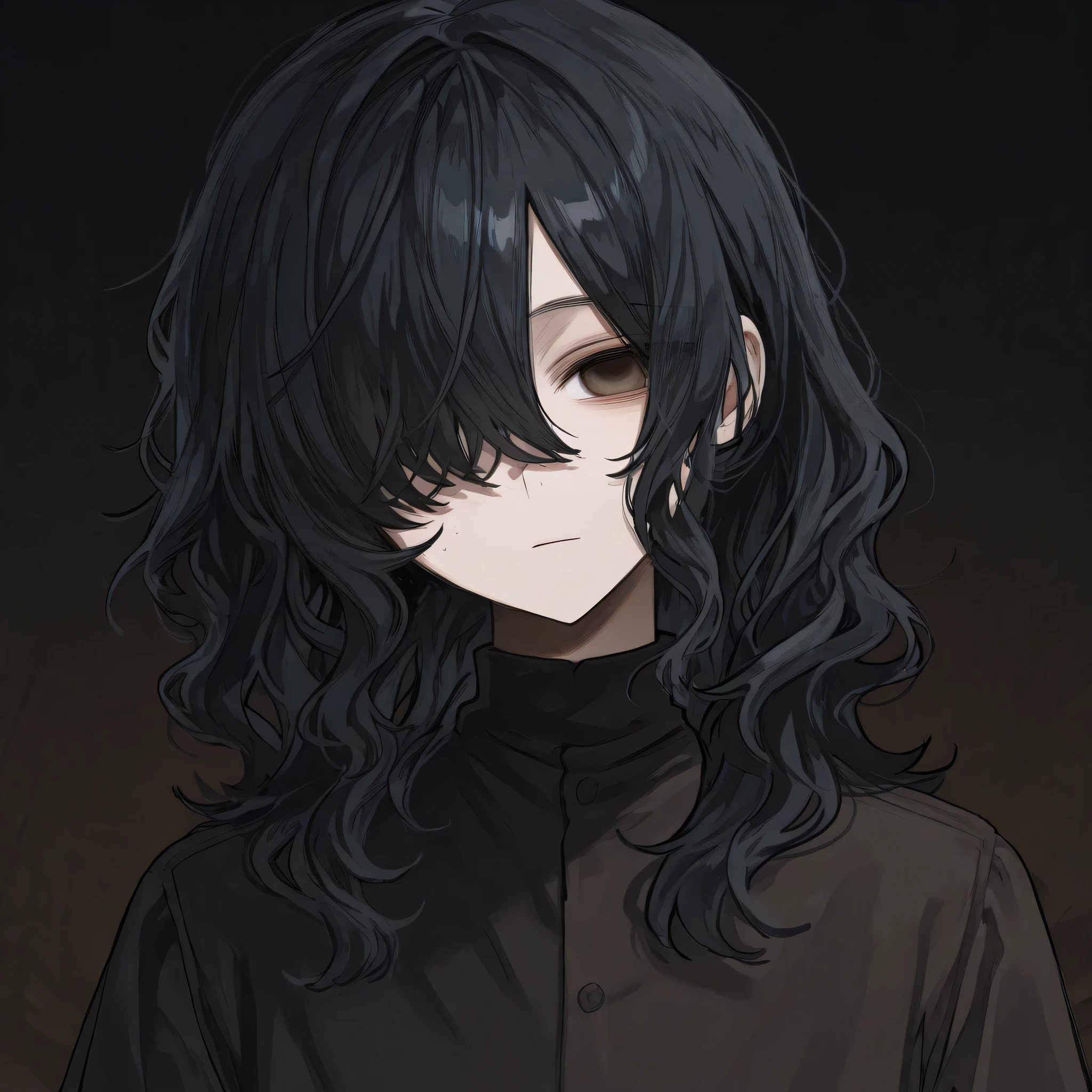 1boy, femboy, black hair, wavy hair, medium hair, hair over half of face, hair over one eye, brown tired eyes, emotionless face, empty face