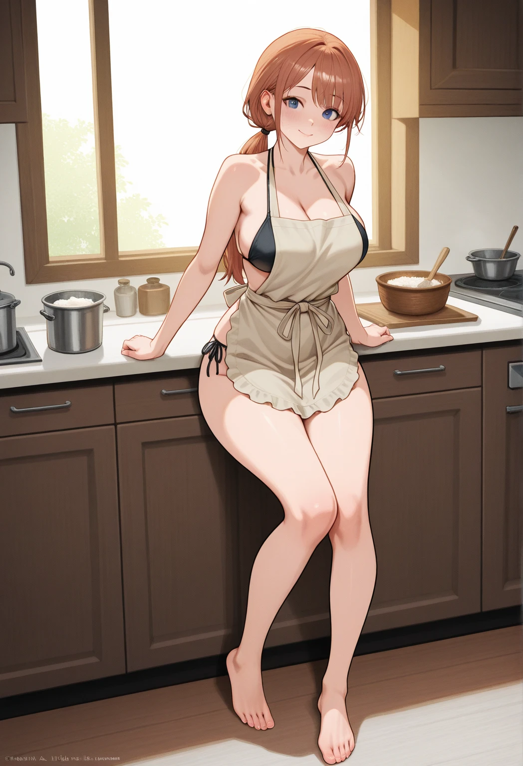Anime girl, red hair, apron, yellow eyes