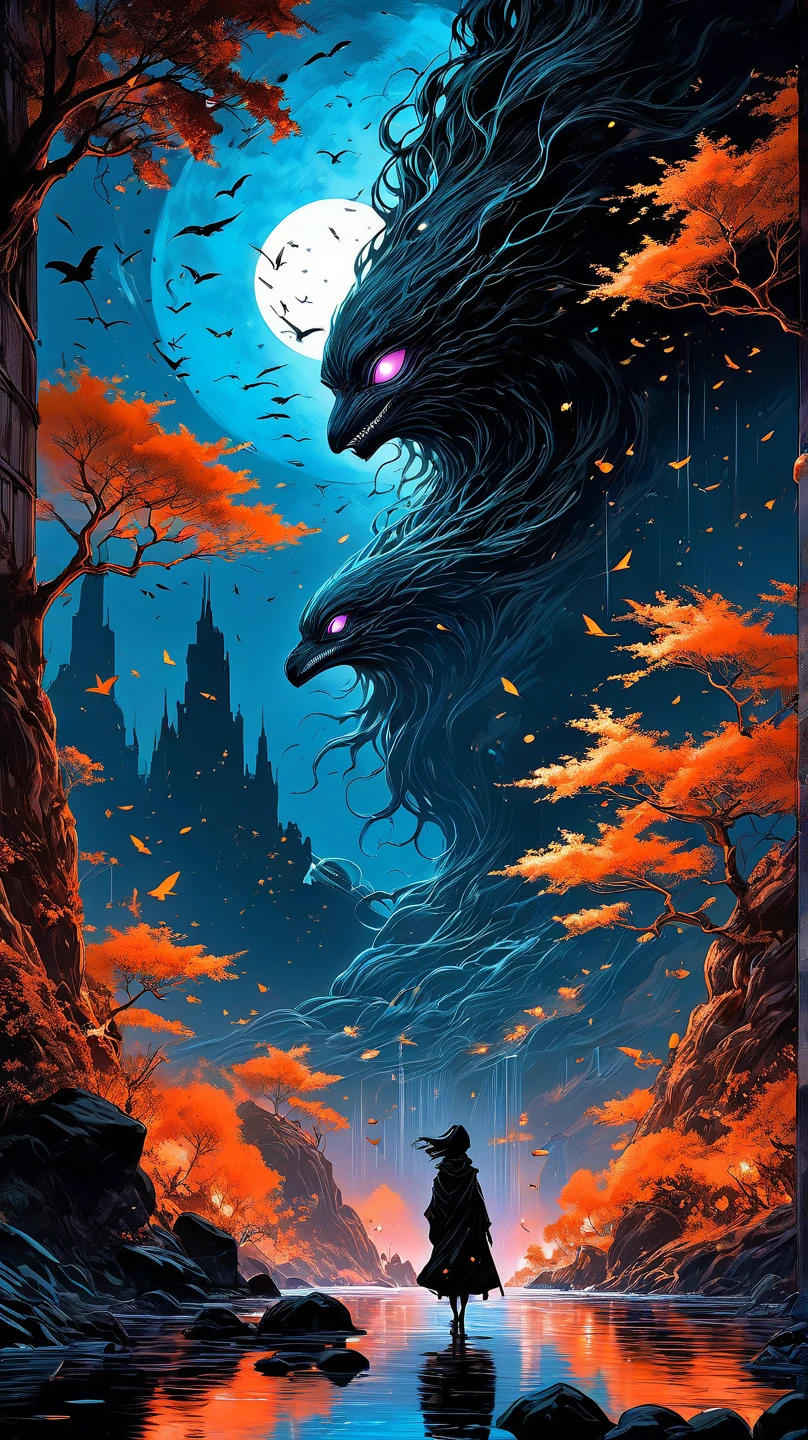 fluorescent horizon,
Arte das Sombras, (Colored sketch, Fluorescent horizon), The alien planet, Tree floating in the mysterious outer space has beautiful orange leaves and creates a mysterious landscape, Mountains in the distance floating in the mysterious outer space appear hazy and blurry in the atmosphere, Beautiful orange leaves grow on a bright blue ray travels across the sky where countless birds fly around, A fantastic and disturbing atmosphere, Great storytelling, Surrealism, Science Fiction, Fantasy Dark costume, Digital artwork, Intricate and detailed, Majestic and dynamic composition, Fascinating artwork, Highest quality, High image quality, Masterpiece: 1.2, High precision, Absurd, Excellent quality
Arte de Fabian Perez, Henrique Asensio, Jeremy Mann, Mark Simonetti, Studio Ghibli Genshin Impact