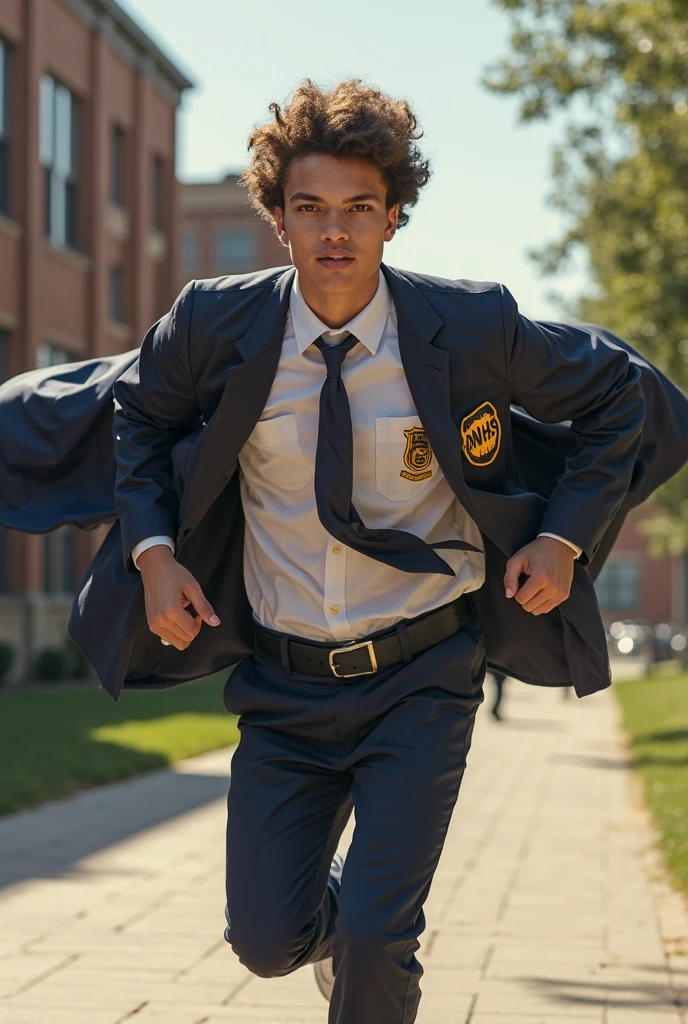 a boy with honey-colored eyes, brown hair with blue highlights, serious and angry attitude, blue fire coming out of his left hand, the My Hero Academia uniform and a classroom in the background