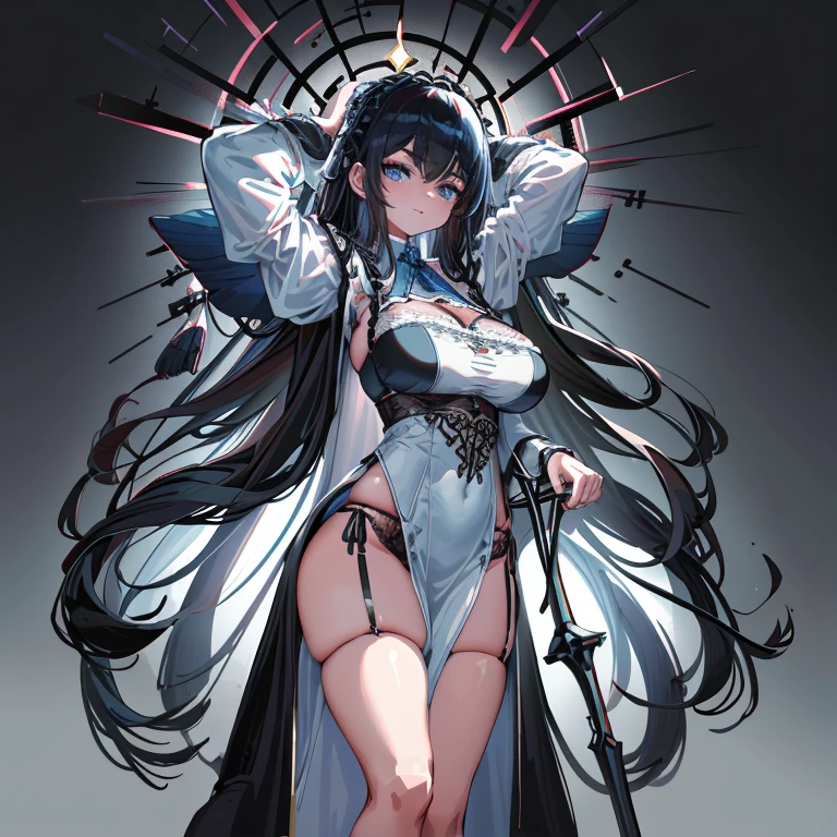 anime - (masterpiece), best quality, seductive eyes, mature face, blue eyes, long length dark blue hair, black suit, white pants, white coat, sword on left hip, tall woman, long legs, adult-like female, 1girl, big breast, smug face