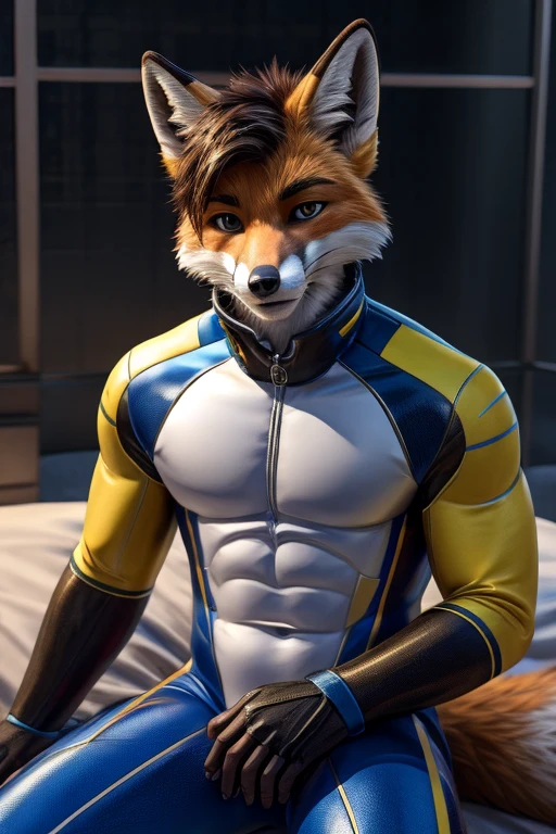 hi res, solo, male, yellow fur, wolf, canine, wearing a green full bodysuit, (Green zentai suit: 1.1), tight spandex, frontal view, detailed bulge, by chunie, at a hotel room
