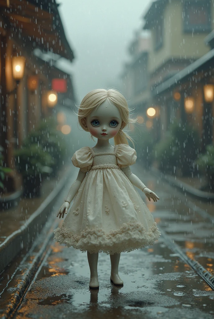 The highest image quality、masterpiece、Leyendecker's style、Fantasy 3D、One child wearing a cat mask、Nordic beautiful girl、Half eye、Blue eyes、Smirking expression、Pretty small face、Light makeup、cat ears on head、Platinum blonde short hair、tiny chest、short waist、rainy day、raincoat、Holding an umbrella、Rain boots、puddles,Sky after rain