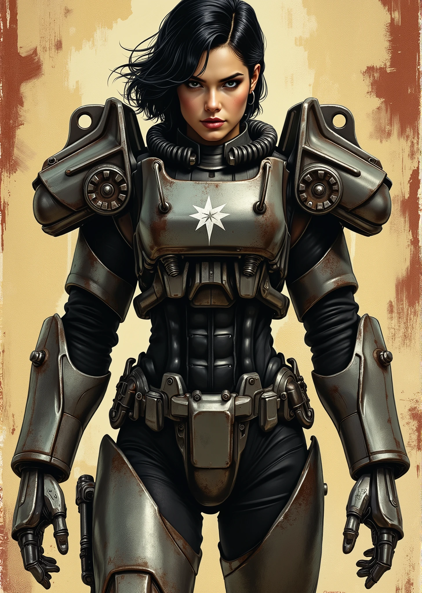 An extremely detailed comic book illustration depicting Nora from Fallout 4 portrayed by a young baby faced Gene Tierney nineteen years old in T-60 power armor from the Fallout Video Game setting which emphasizes her extremely long legs with short black hair in a 50s hairstyle and an intense expression in an art style inspired by Frank Miller and Conan the Barbarian. The armor features a dark metallic exterior with black interior padding. There's an emblem on the chest plate showing what appears to be a star in white paint, suggesting this might be part of a military or faction insignia. The armor has a distinctive design with various mechanical components, plates, and joints visible. The character is framed within the bulky armor, which has a worn, utilitarian aesthetic typical of post-apocalyptic or military science fiction settings. The background is of textured brushstrokes in sandy tans and ruddy clay reds. The overall style has a realistic quality while maintaining the artistic elements common in science fiction concept art. Standing in a dynamic action pose. Trending on Art Station.
