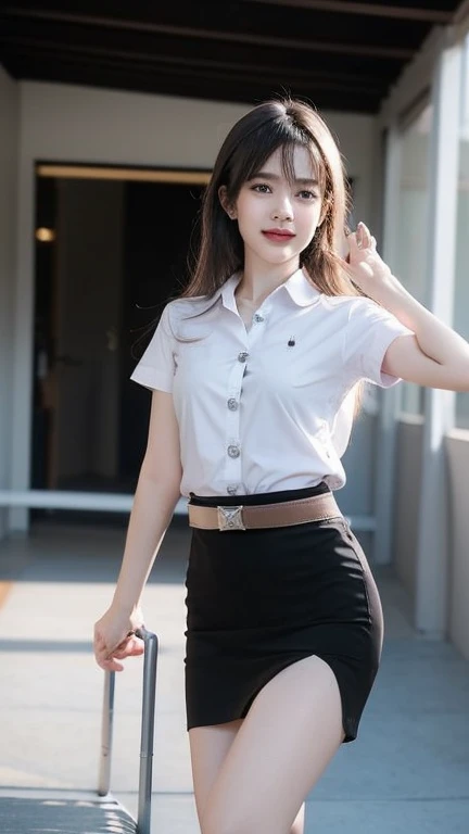 Best quality, full body portrait, delicate face, pretty face, 25 year old woman, slim figure, small bust, student uniform, white shirt, black mini skirt, outdoor scene, sitting position