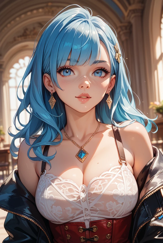 best qualtiy, 超高分辨率, (realisticlying:1.4), 1girll, Off-shoulder white shirt, Black tight skirt, a black choker, (Faded gray-gray hair:1), (:1.2), looking at viewert, closeup cleavage ,huge tit,Blush,Wearing pink sunglasses,Japan goddess,