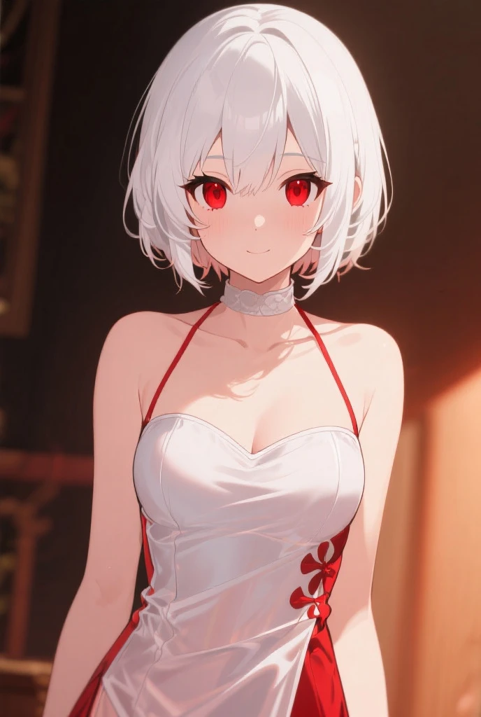 anime big breast，teens girl，solo person，amaryllis，White color hair，Red glowing eyes，Poor milk