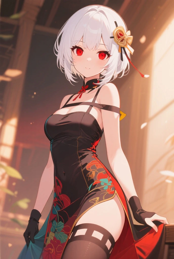 Cute girl, short silver hair, red eyes, tight red clothes, beautiful, intricate and delicate black decorations on clothes, big breasts, short shorts