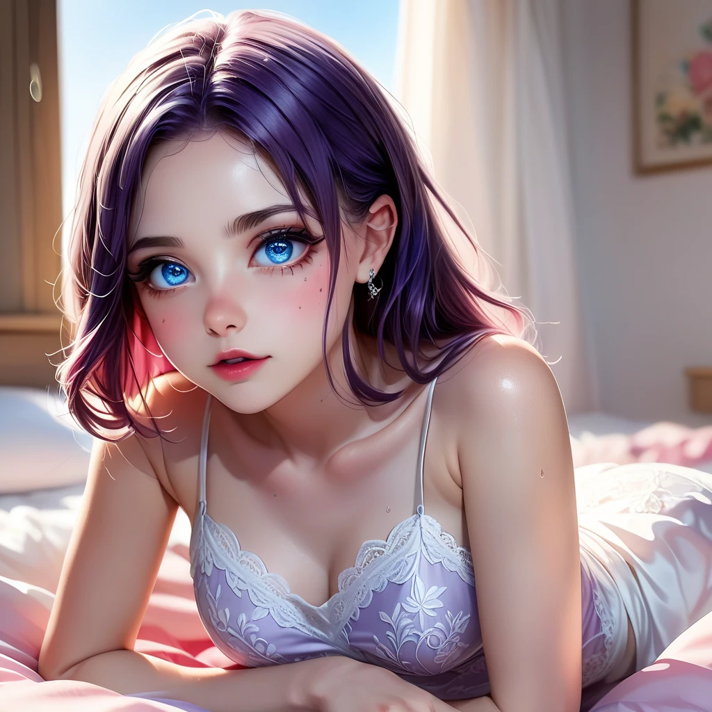 arafed femme pleinement , fille sexy aux yeux bleus, ultra realistic, Meticulously detailed, Portrait de Sophie Mudd, cheveux blonds et grands yeux, selfie d'une jeune femme, Yeux de chambre, violette myers, sans maquillage, maquillage naturel, regarder directement la caméra, visage avec artgram, maquillage subtil, superbe photo de tout le corps à genoux sur le lit, dans la chambre, Medium to large bust