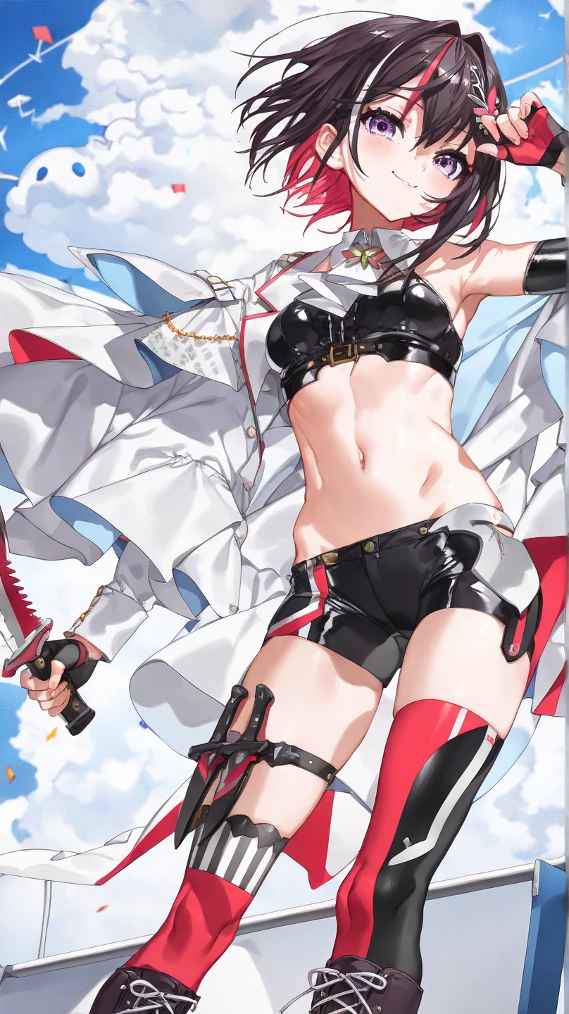 random full body the 4 cardinal points view, masterpiece, Lucia_Crimson_Weave, heterochromia, black bikini, bandaged arm, white jacket, red goggles around neck, looking at viewer, upper body, ((view from below)), nsfw
