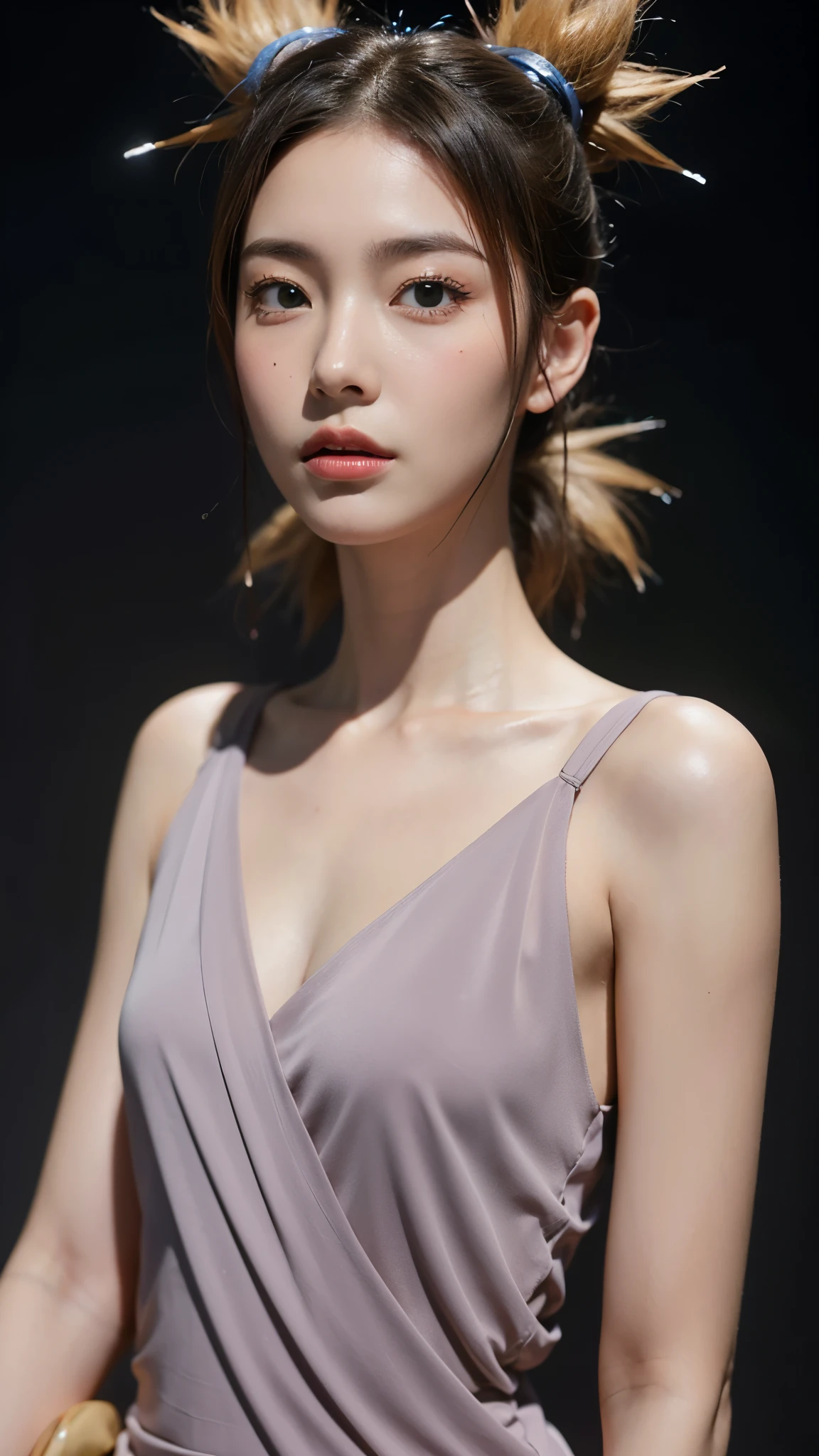 "A hyper-realistic portrait of a beautiful Japanese woman inspired by Temari from Naruto Shippuden, depicted as if she exists in the real world. She has sharp almond-shaped eyes with soft green irises, a confident and calm expression, and subtle yet striking makeup that enhances her natural beauty. Her blonde hair is styled into four distinct, spiky ponytails resembling Temari's iconic look, with realistic hair texture and shine. She wears a modernized version of her black shinobi outfit, featuring intricate fabric textures and authentic Japanese fashion influences. The background is a soft desert landscape, reminiscent of Sunagakure. Her face reflects strong Japanese features — high cheekbones, a defined jawline, smooth fair skin, and elegant eyebrows. Ultra-detailed skin pores, lighting, and shadowing. Cinematic, high-resolution photography style."