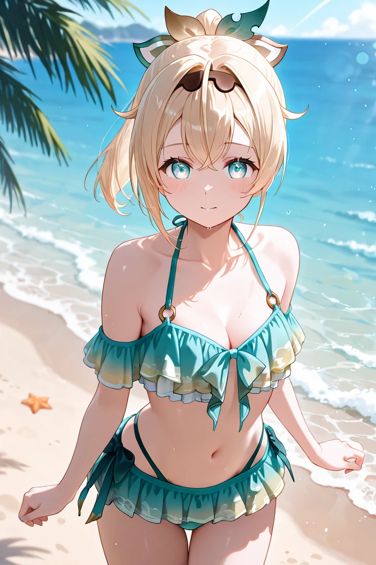 masterpiece, rich colors, Best quality, detailed, high resolution, Hyper quality, high detail, , high quality, detailing, skinny sexy girl on the beach , bright lighting , green eyes, anime, palm trees, bright lighting,