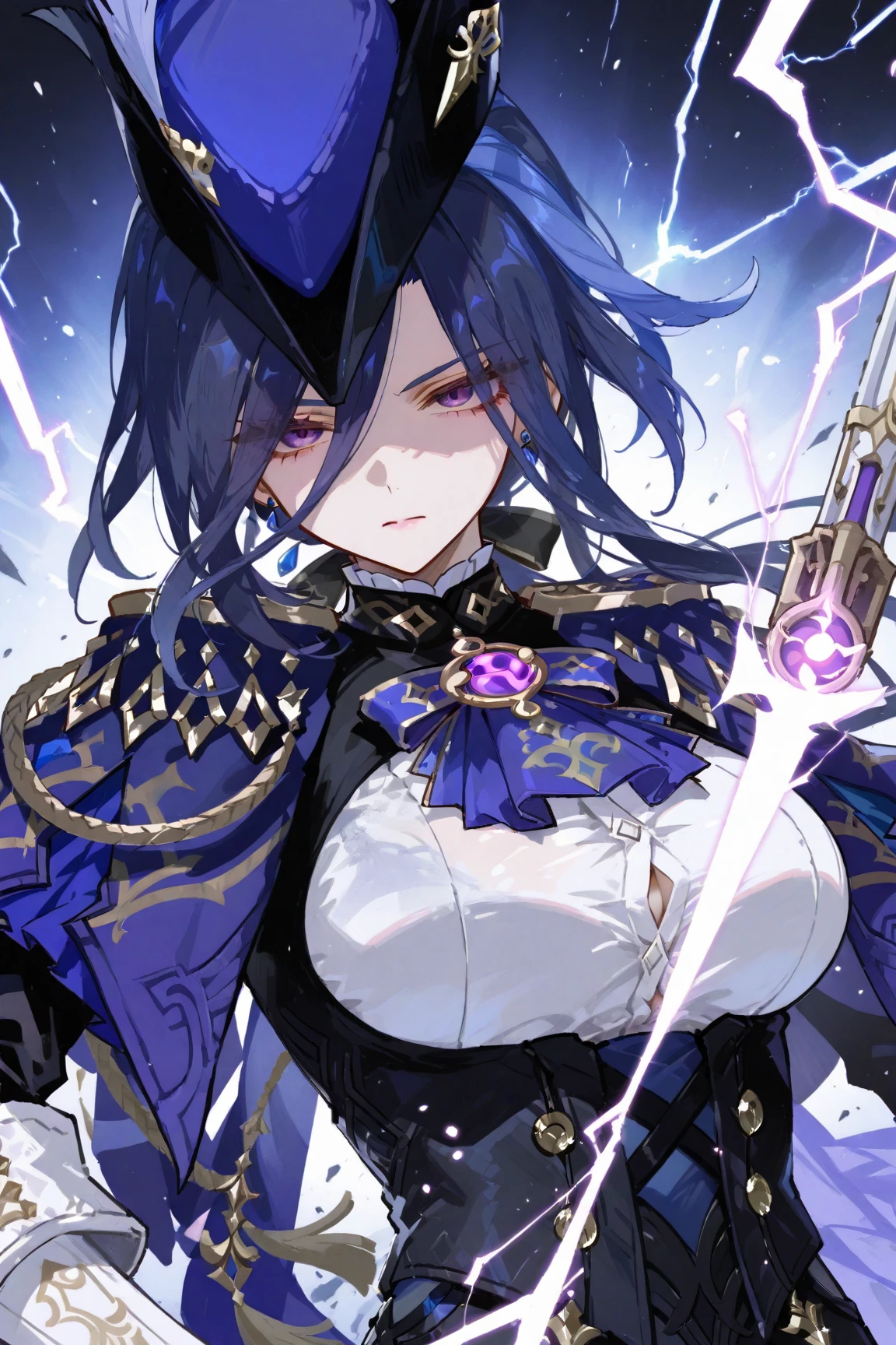 1girl, purple hair, spear, powerful warrior, nice clothes, (high resolution, high detail, best quality), medium breasts, serious, white background