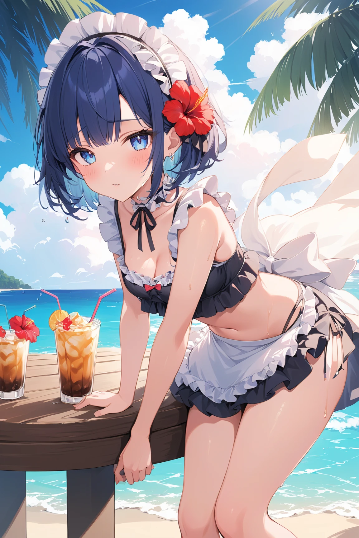 （A glass of juice 1.1)，Wine glasses，blue ocean，Best quality，微距摄影描绘了夏季热带海滩度假主题的Picnic scene。This photo features an ice glass filled with an iced carbonated drink。Lens focusing glasses、Those fruits、The dazzling sunlight at noon、Fisheye lenses、looking from a distance、A hearty meal、（spilled liquid：1.6）、Ice cubes、（Picnic scene：0.5）（Lovely dessert：0.4）、Dripping。filled with carbonated drinks、translucent liquid、Daytime outdoor lights（beach 1.5）、Tropical plants、Hot weather、High Definition Details、Wet watermark、Super detailed、light、Surrealism、Soft Light、Deep field focus bokeh、Ray tracing、Diffuse（Ultra-fine glass reflection）和Surrealism。There is a blue glass on the table on the beach, Relaxation concept art, Wallpaper Anime Blue Water, Shinkai Makoto Cyril Rolando, Ross Chen. Landscape Background, relaxing environment, Beach Aesthetics, Anime Background Art, Anime Landscape Concept Art, azure water, Anime Art Wallpaper 4K, Anime Art Wallpaper 4K, relaxing on the beach, Sparkling bay, Amazing wallpapers，