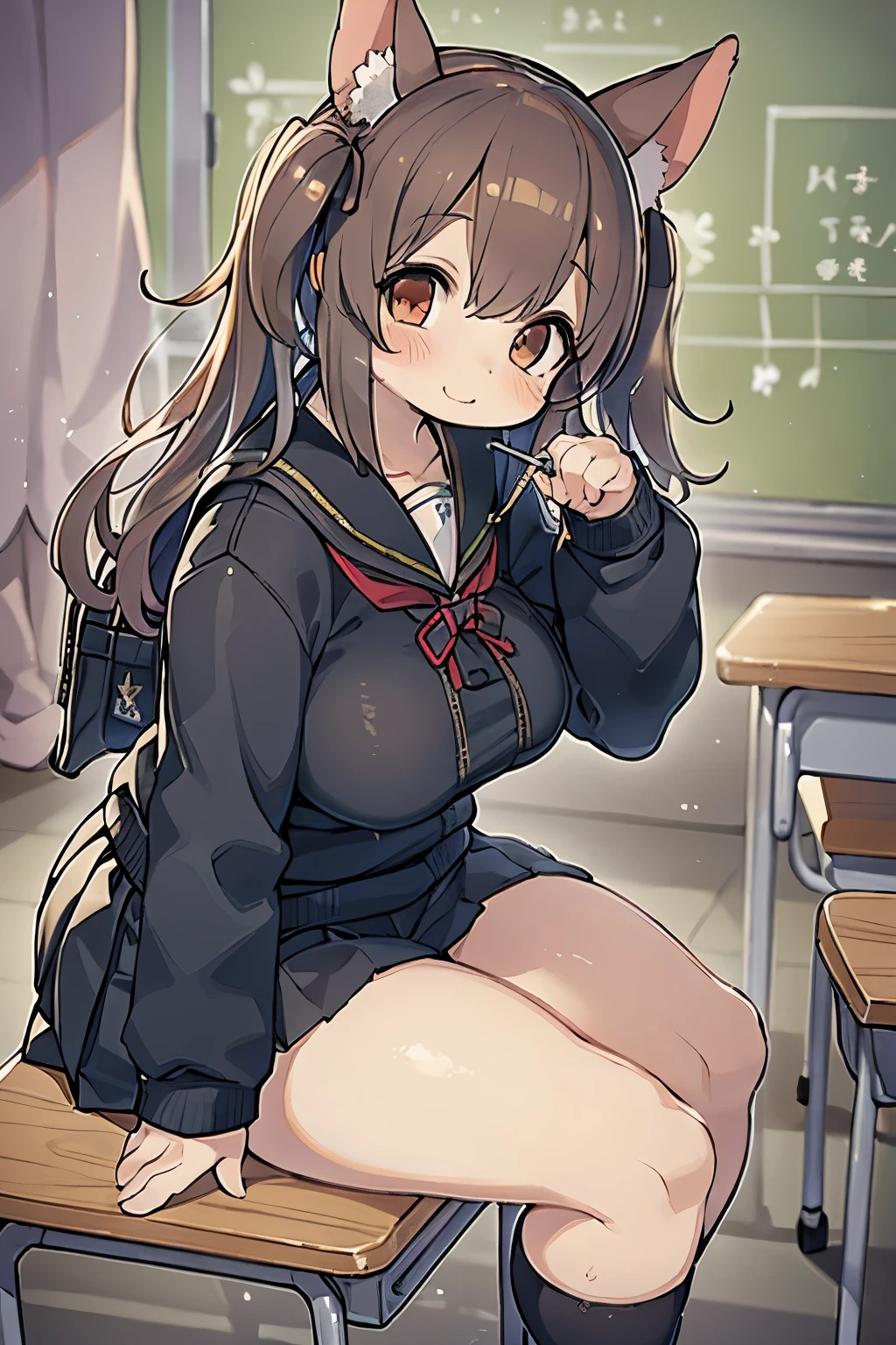 ((masutepiece, Best Quality)),Best aesthetic,1girl in, School uniform, desk work, Sitting, School Desk, Brown hair, crass room, Long hair, Indoors, Chair, Looking at Viewer, :P, Solo Focus, Brown eyes, Skirt, Long sleeves, Pencil, 1 boy, pencil case, paper, black serafuku, Multiple girls, Pleated skirt, Sailor collar, Bangs, head rest, School bag, school chair,huge-breasted、bbw、thick thight、big butts