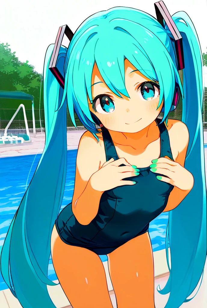 BULMA, teen, long turquoise blue hair, face looking at viewer, sexy bunny, playboy. pool, sunny, 