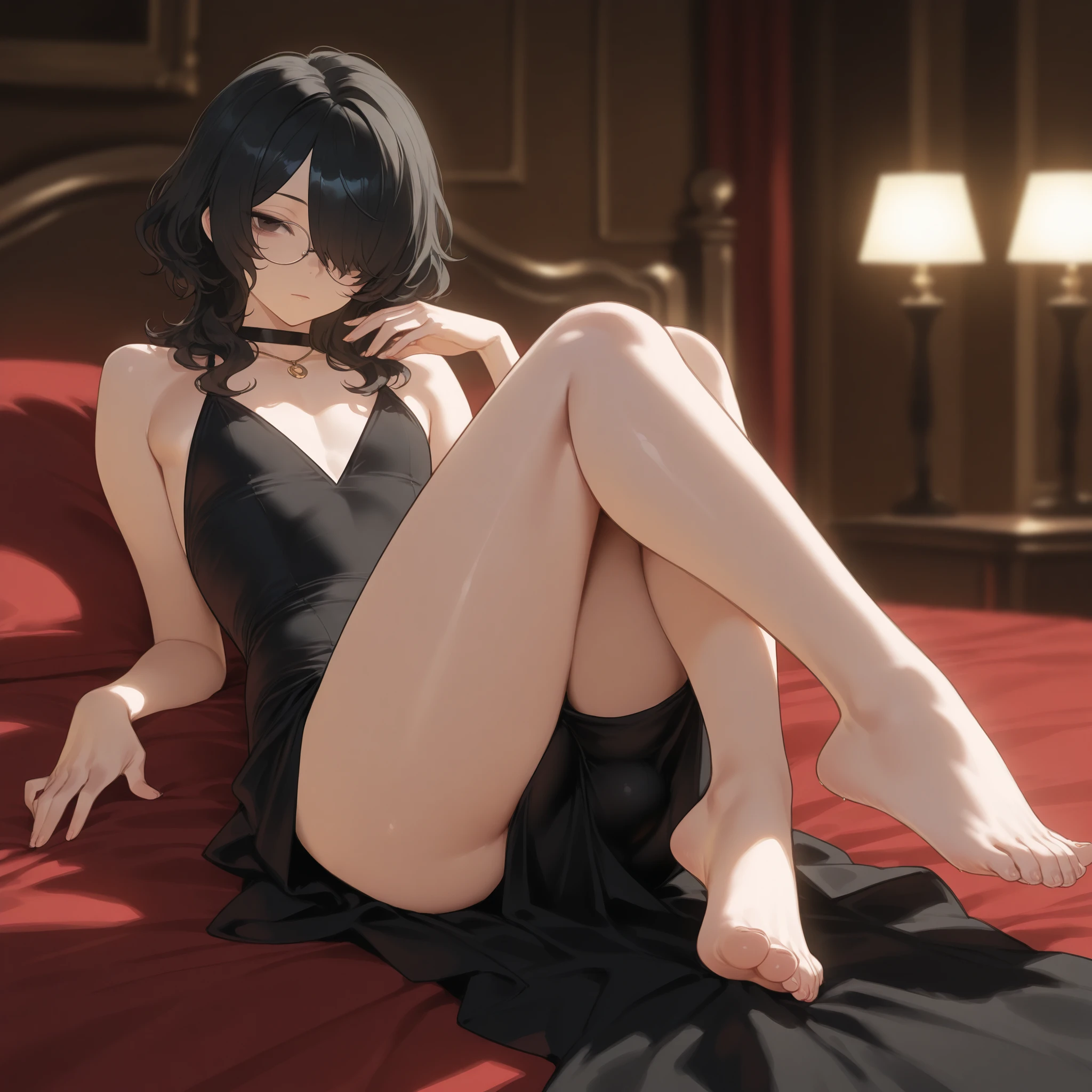 ultra-realistic 8k CG, masterpiece, ((ultra detailed background, expressive eyes, fine drawing, intricate details, high detail, better quality fine details, hyper-detailed face)), (photorealistic: 1.4), beautiful lighting, RAW photo, film grain, soi fon, 1girl, solo, dark black hair, short hair, black eyes, makeup, side strands, ((sideboob, slim girl)), (( detailed background, inside, dim lighting, moody lighting, inside bedroom inside)), ((detailed full-body image)), ((intricately detailed face and character)), sweating, detailed face, beautiful face, sharp stern features, petite, thin, skinny, kubo tito, kubo tito (style), bleach (manga), elbow gloves, bleach manga style, asian eyes, inspired by Kusumi Morikage, long legs, pretty feet, laying down, red bedsheeets