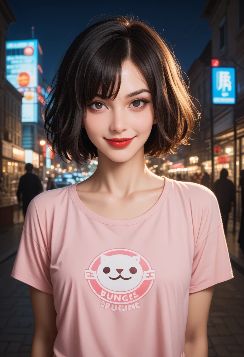 1girl in(((Laughing)))、Reaching the climax:1.3, short-cut、masutepiece、Bottoms are randomly generated、( Skeleton illustration printed shirt )、red and dense hair、Red GI Cut、Background bokeh:1.5