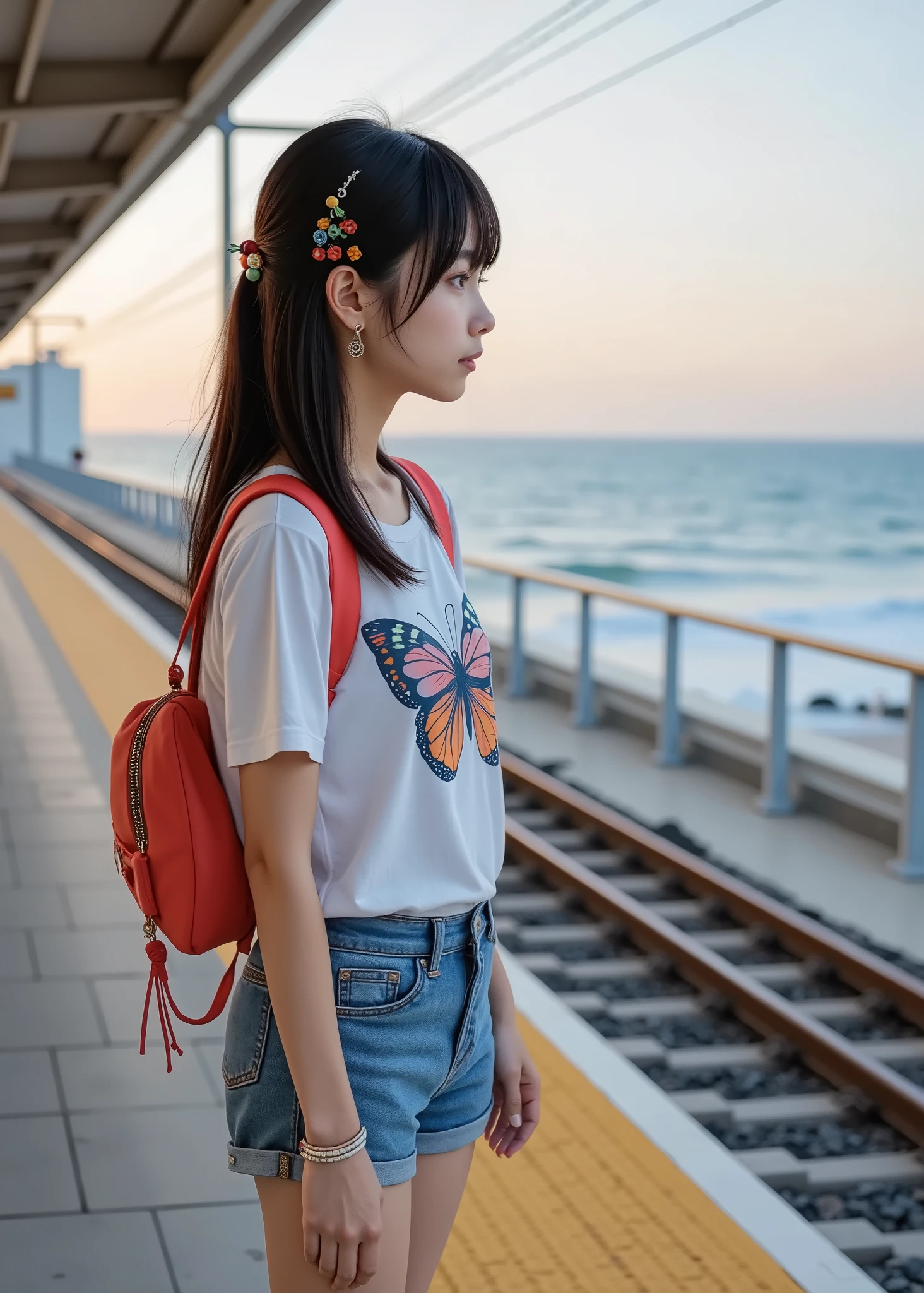 surrealism , artwork for drawing, 8K quality, A girl meets on a platform at a train station with a view of the ocean, JR Nada Station、 Looking at the sea、 a high school girl wearing denim shorts on a T-shirt depicting a tropical butterfly、sneakers、semi-long hair with bangs、Slender cute girl、Beautiful legs、 colorful accessories、sunset、 anatomically accurate、