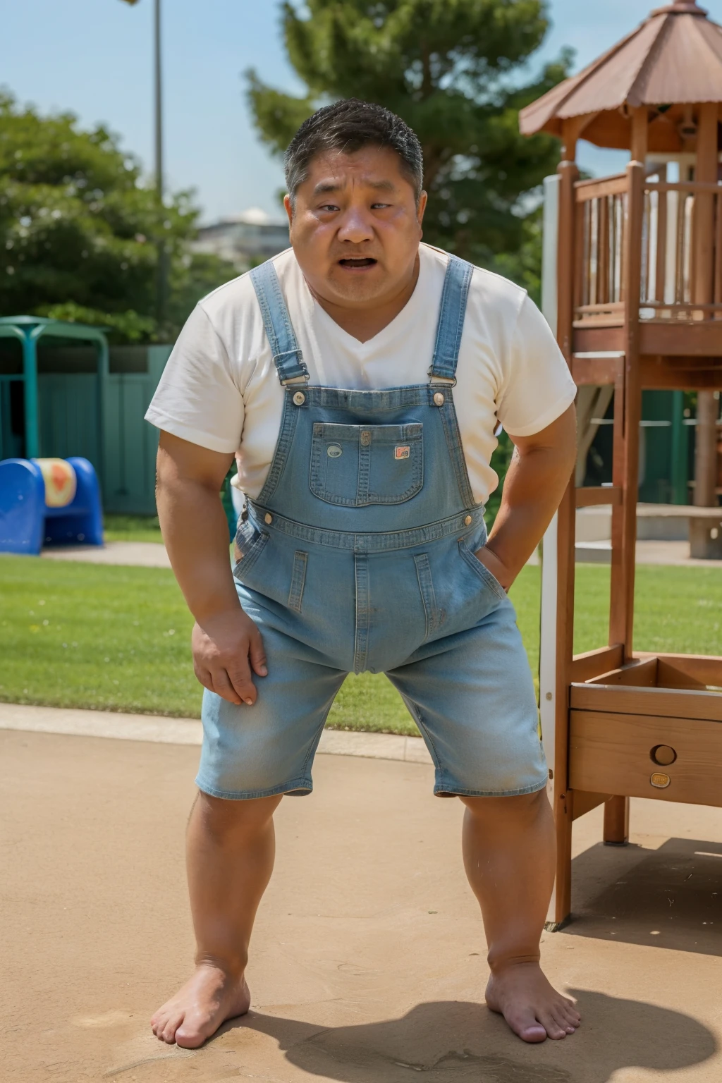 Thick Japan middle-aged man in his 50s, 1man, retarded, He wears a light blue overalls, Bare Thighs, Pampers, shirtsless, ((peeing self, wetting self, pee stains,)), ((trembling, fear expression, scared, looking at viewer)), kindergarten background, It's a sunny day, Incontinence, He stand and cried in playground, Full body, a picture, 8k, high detail photo, Masterpiece