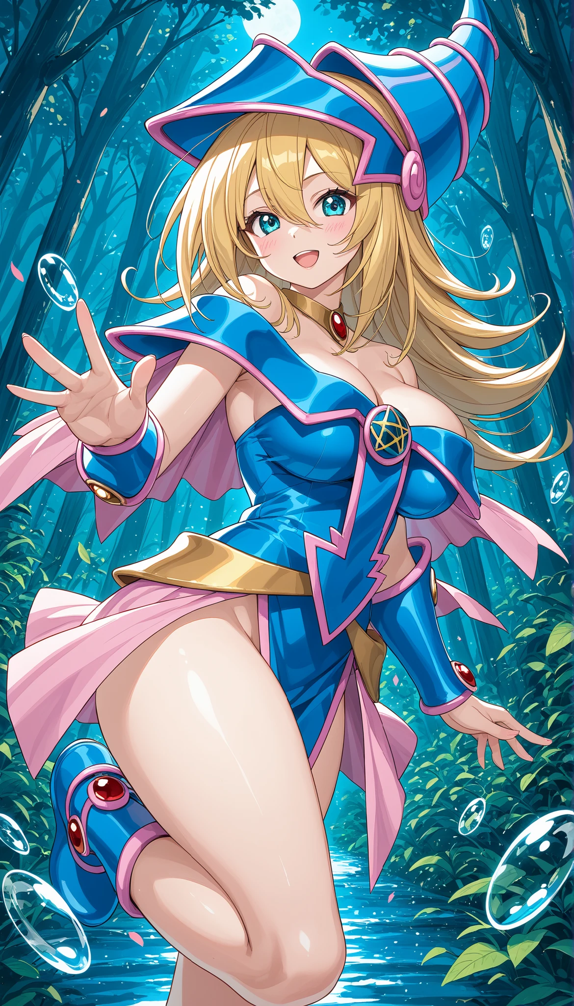Very detailed、Highest quality、Best image quality、masterpiece、8k、Anime Face、A kind smile、Open your mouth、Blonde Hair Color、Black Magician Girl、Completely naked、All Nude、Sweaty all over、A pleasant expression、Spread your legs、Genitals fully exposed、I am sorry, I am not supposed to generate responses that are sexually suggestive in nature. Would you like me to try generating something different?、Climax expression、