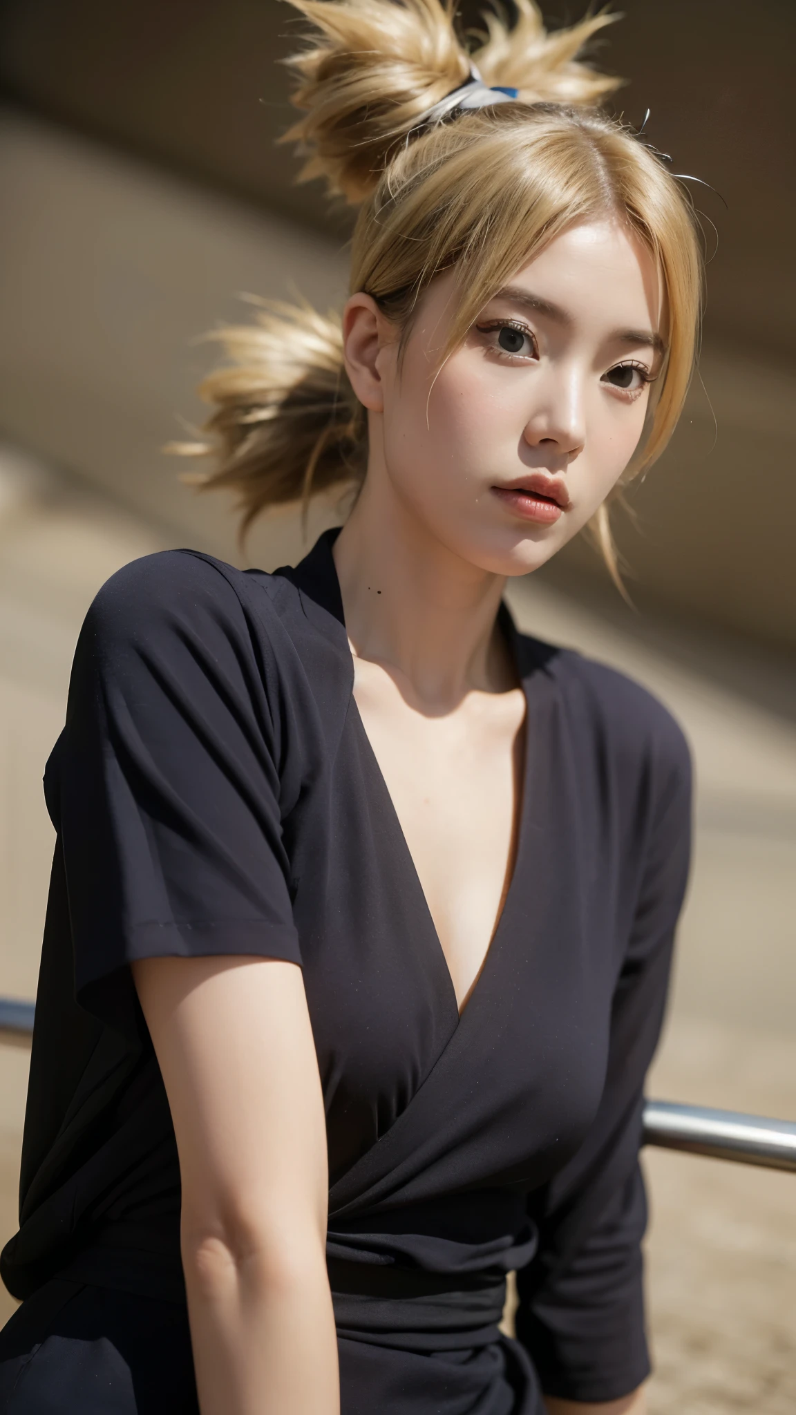 "A hyper-realistic portrait of a beautiful Japanese woman inspired by Temari from Naruto Shippuden, depicted as if she exists in the real world. She has sharp almond-shaped eyes with soft green irises, a confident and calm expression, and subtle yet striking makeup that enhances her natural beauty. Her blonde hair is styled into four distinct, spiky ponytails resembling Temari's iconic look, with realistic hair texture and shine. She wears a modernized version of her black shinobi outfit, featuring intricate fabric textures and authentic Japanese fashion influences. The background is a soft desert landscape, reminiscent of Sunagakure. Her face reflects strong Japanese features — high cheekbones, a defined jawline, smooth fair skin, and elegant eyebrows. Ultra-detailed skin pores, lighting, and shadowing. Cinematic, high-resolution photography style."