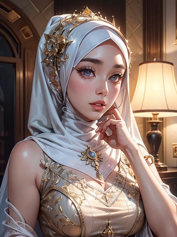 beautiful detailed eyes, beautiful detailed lips, extremely detailed eyes and face, long eyelashes, 1 girl, hijabi, 18 years old, teen, voluptuous breasts, white clothes, golden bangles, bracelets, necklaces, golden watch, bed, shy expression, (best quality,4k,8k,highres,masterpiece:1.2),ultra-detailed,(realistic,photorealistic,photo-realistic:1.37),portrait