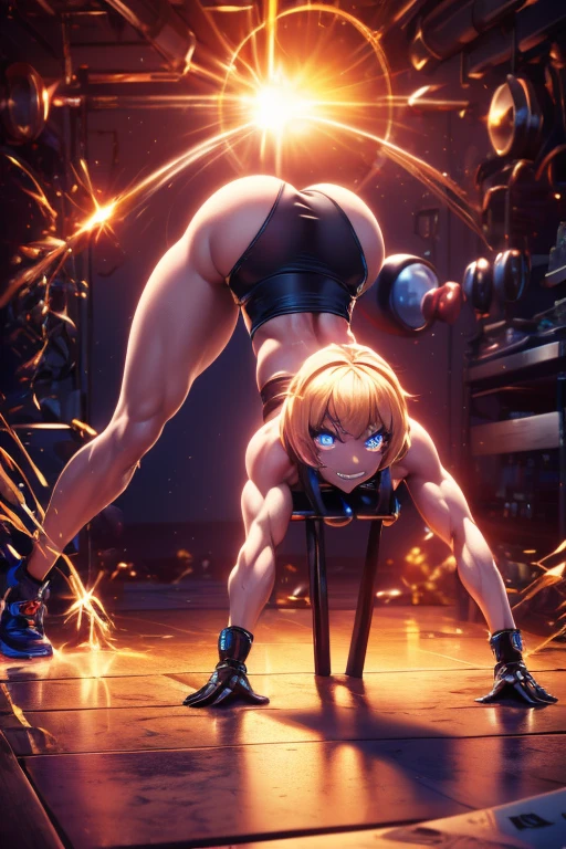 Score_9, Score_8_up, Score_7_up, Score_6_up, Score_5_up, Score_4_up, source_anime, 1girl, blonde hair, hair bun, green eyes, arms and feet tied to the ceiling, W-W chain, arms spread, messy hair, big breasts, bare body, big buttocks, virgin vagina  Thrilling, dungeon crawler, best quality, best resolution, 4K Ultra HD.