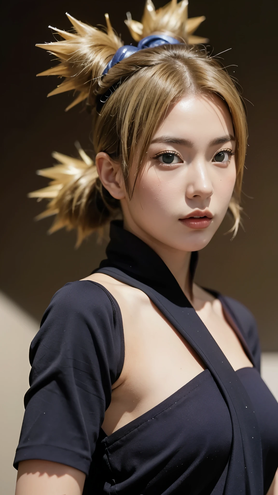 "A hyper-realistic portrait of a beautiful Japanese woman inspired by Temari from Naruto Shippuden, depicted as if she exists in the real world. She has sharp almond-shaped eyes with soft green irises, a confident and calm expression, and subtle yet striking makeup that enhances her natural beauty. Her blonde hair is styled into four distinct, spiky ponytails resembling Temari's iconic look, with realistic hair texture and shine. She wears a modernized version of her black shinobi outfit, featuring intricate fabric textures and authentic Japanese fashion influences. The background is a soft desert landscape, reminiscent of Sunagakure. Her face reflects strong Japanese features — high cheekbones, a defined jawline, smooth fair skin, and elegant eyebrows. Ultra-detailed skin pores, lighting, and shadowing. Cinematic, high-resolution photography style."