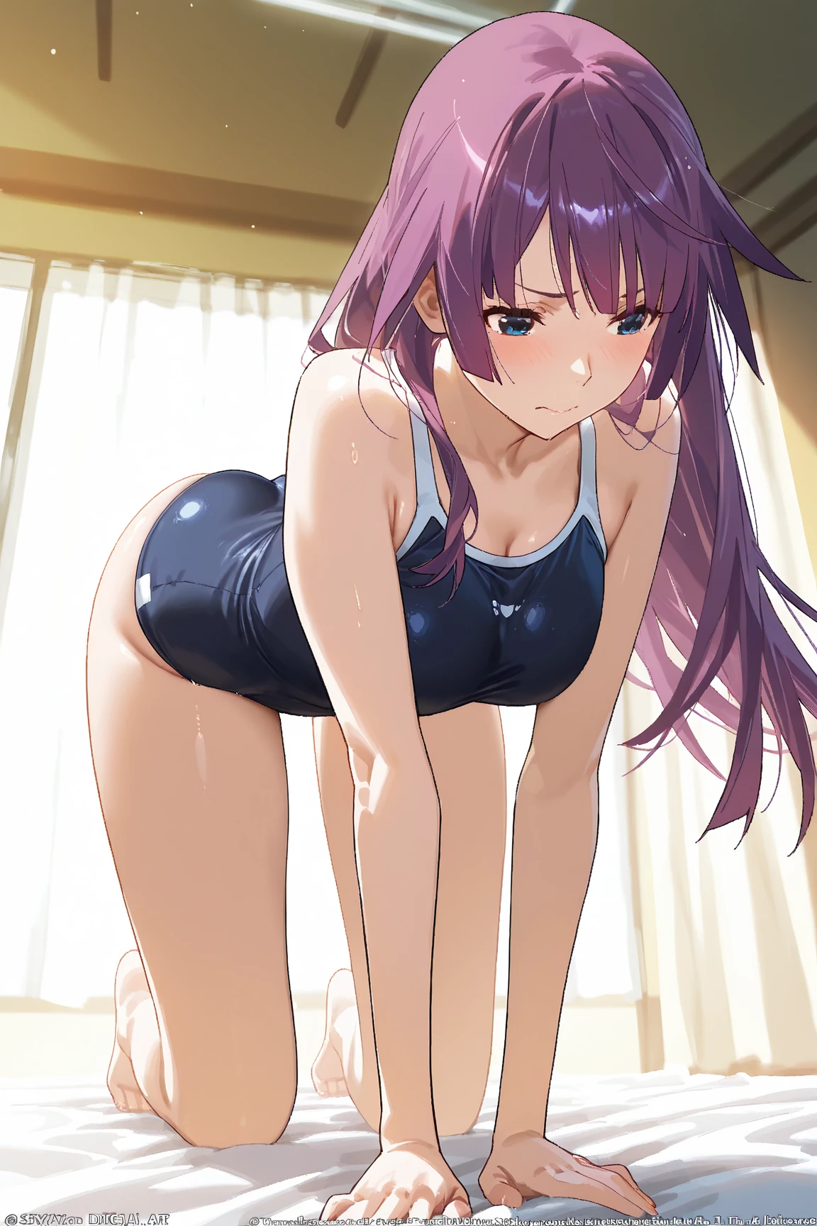 lighting like a movie、Purple hair、squatting and opening legs、White little bikini、Wearing sweat、top-quality、full of sweat、 school swimming pool、embarrassed from、Eyes from below、Slender Line、