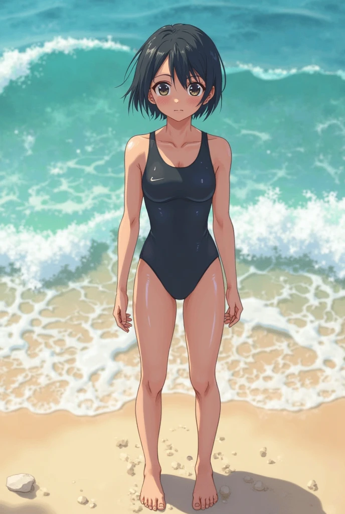 Anime Style, Character Design, HD, Best Quality, Masterpiece, High Details, High resolution, fantasy, carefully detailed, no deformities, character alone.
{{(1character: a 22 young man civilian:(pale skin, short black hair, he stands 1,88 meters tall, slender body complexion, green eyes, short nose, thin lips, handsom),(green shorts swimsuit),(kind smile, carefree demeanor, walking happy around the beach),(morning, pale blue sky, beach, sand, trees at the back))}}