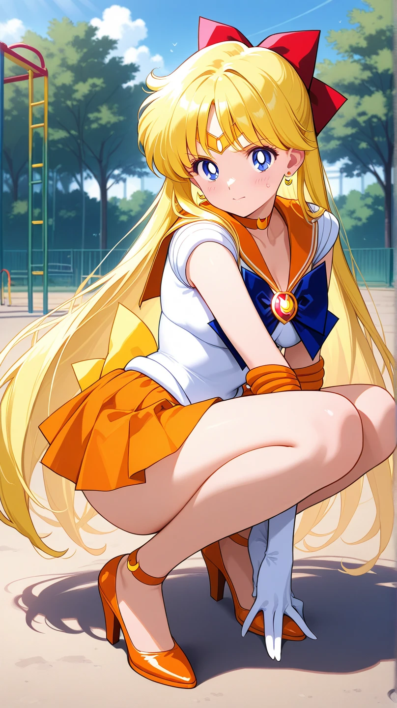 ((Sailor Venus:1.3)), ((Yellow mini skirt:1.3)), ((Red ribbon in hair:1.3)), ((highest quality, High resolution, Hmph, Perfect Pixel, 16K, Hmph, Hmph))), One Girl, single, alone, Beauty、((The whole body is visible:1.5))、((Detailed face, Blushing:1.2)), ((Smooth texture:0.75, Realistic texture:0.65, Realistic:1.3, Anime CG Style)), Medium chest, Dynamic Angle, Perfect body,garden、Very embarrassing panic smile、、Angle from below, Thick lips, ((Showing panties:1.3)), Perfect Fingers:1.5