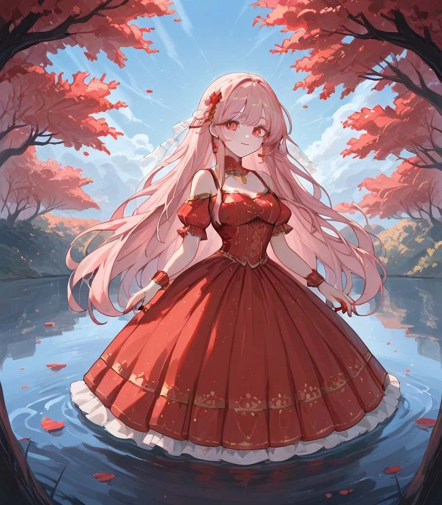 ((Moe anime art style:1.2)), (((masterpiece))), (((best quality))), ((ultra detailed)), (illustration), ((an extremely delicate and beautiful)), ((super detailed skin)), (((8K))), BREAK (((solo girl, A young-looking princess))), (18 years old), ((full body)), (sit astride, straddling), BREAK (((Shiny dark red taffeta fabric))), ((Dense lace, Long train, Lots of frills)), (((Full-length crinoline hoop skirt, Beautiful and luxurious Marie Antoinette English gown))), BREAK (((huge breasts))), ((breast focus, cleavage cutout)), Sweat on the chest, BREAK (((Super delicate and beautiful face))), ((Beautiful Lips, Delicate beautiful eyes)), ((embarrassed)), BREAK bangs, (((Pink Hair, Fluffy ponytail, Curly Hair, Expressive hair, very voluminous long hair))), Beautiful silver and jeweled hair ornaments, BREAK (((nature))), (in forest), ((so many colorful flowers)), ((Flowing petals)), Particles of light pouring down, (light sparkles:1.5), (light leaks:1.5), (depth of field:1.5),((magnificent panorama view:1.5)),