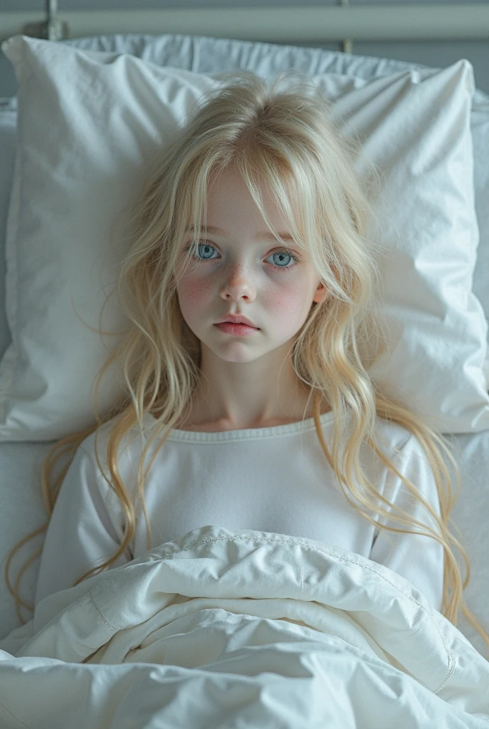 Make a blonde girl from afar laying in bed, staring at the roof with tears in her face and touching her head, realistic picture, full body
