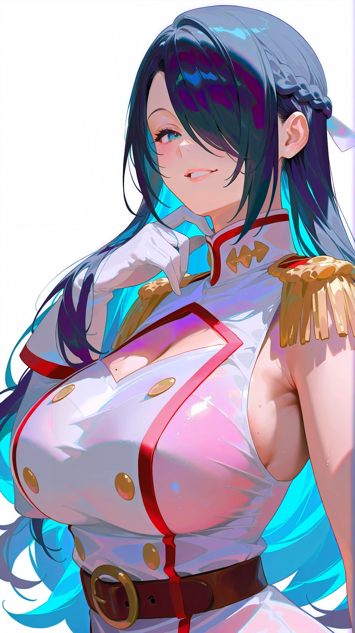 masterpiece, best quality, best quality, official art, beautiful and aesthetic:1.2),(8k, best quality, work:1.2), (((masterpiece))),(((best quality))),(((very detailed))), illustration, who, (masterpiece, best quality, best quality, official art, beautiful and aesthetic:1.2),(8k, best quality, work:1.2), azuma_fubuki, white background, background simple, digital illustration of a young woman with long flowing dark blue hair and striking blue eyes. She is depicted in a relaxed and slightly provocative pose, with her right hand gently touching her chin and her left arm relaxed at her side. She is wearing a white loose sleeveless top that covers her shoulders and chest, 1girl, breasts, solo, big breasts, hair above one eye, long hair, gloves, white gloves, belt, looking at viewer, braids, blue eyes, epaulettes, colorful hair, smile, white background, piece of clothing, uniform, black hair, simple background, blue hair, upper body, colored inner hair, military uniform, long sleeves, military, parted lips, two-colored hair, mole, hands in own hair, french braid, brown belt
