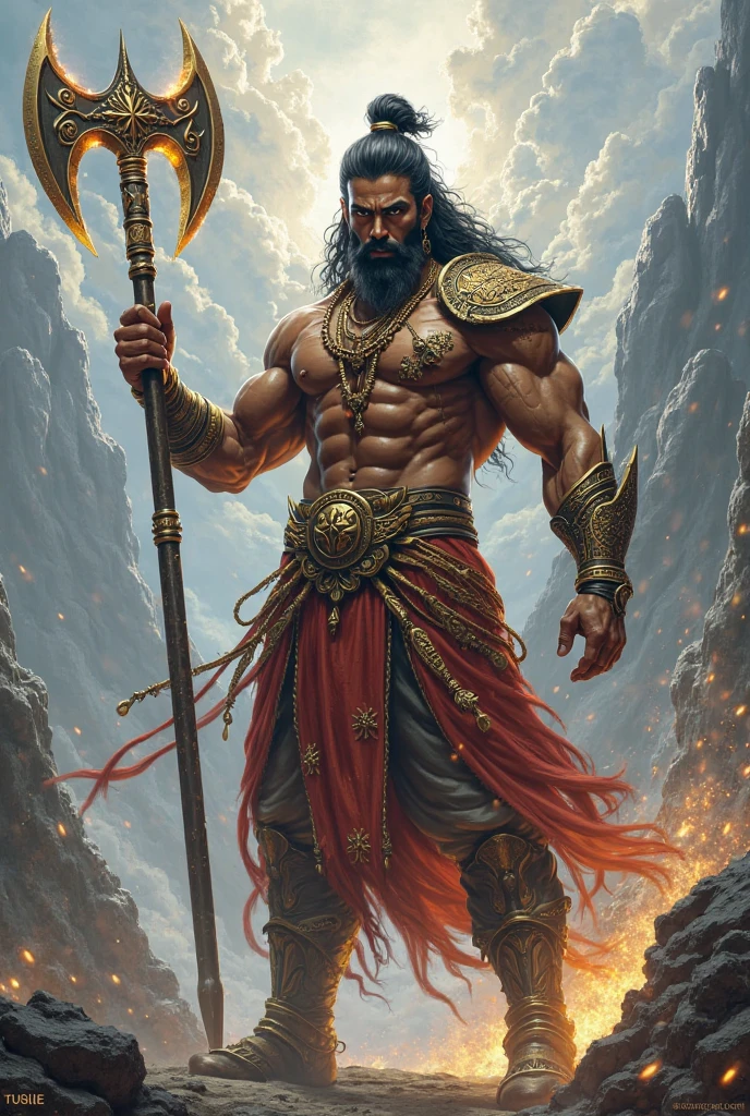 God Vayu, masculine, robust, wearing a crown, gold ornaments, wearing a full green silk dhoti, silks draped, bulky, sinewy muscles, lightning in hand, clouds in the background, front view, full body, graceful, realistic, light effects, by Boris Vallejo, Frank frazetta, Louis royo
