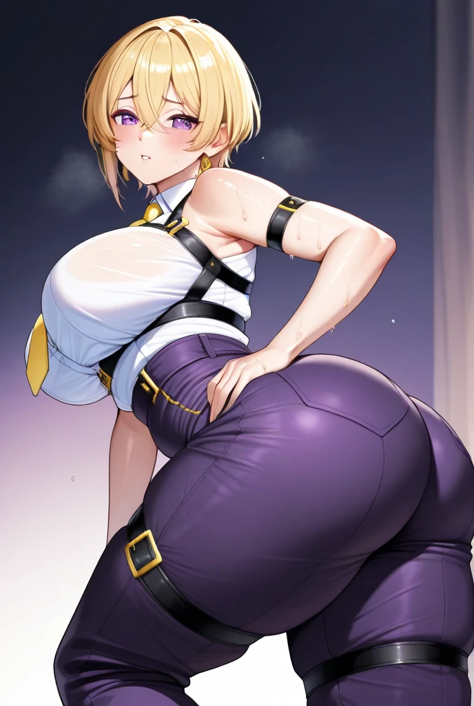 mature, age 21, head tilt, small demure smile, mocking, clothing aside, highly detailed background, (OverallDetail:1.1), EyeDetail, fFaceDetail, fHandDetail, HairDetail, looking at viewer, sexy, provocative, flushed cheeks, blush, princess_zelda_aiwaifu, aiwaifu, small ears, pointy ears, braid, hair ornament, hairclip, gloves, fingerless gloves, crown braid, bangs, pants, black gloves, green eyes, parted bangs, black pants, blonde hair, short hair, sidelocks, thick eyebrows, jewelry, belt, tight pants, tight, ((gigantic breasts)), thick thighs, garden, cowboy shot, ((black bra)), ((shirtless)), undersized bra, (low rise pants), huge ass, bare arms, underboob,, en shorts, arrodillada en el piso